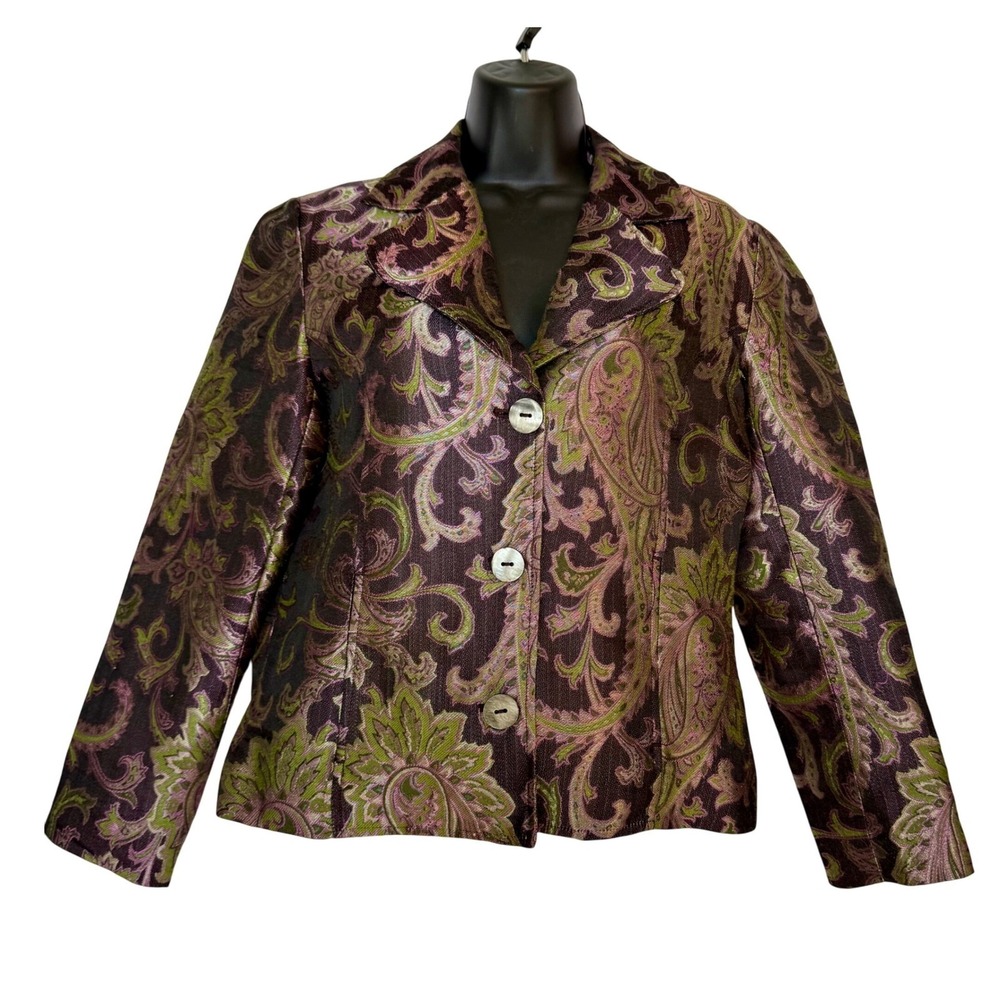 Paisley Brocade Silk Blend Metallic Blazer Jacket Women Size 1 Purple Green